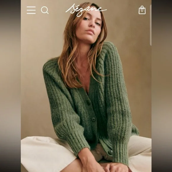 NWT Sezane Paris Gilet Basile cardigan sweater in khaki green size L - Picture 1 of 12